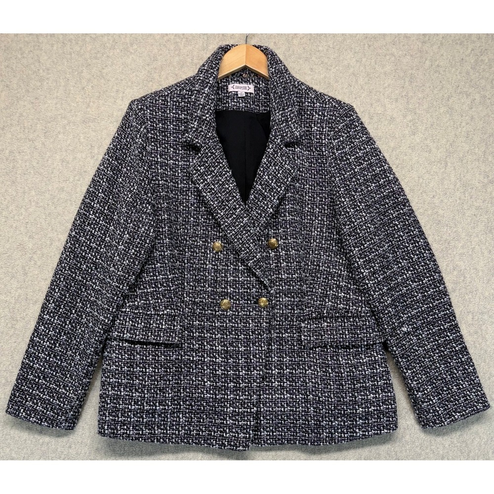 Nanette Lepore Womens Blazer Black White Tweed Double Breasted Metal Buttons 16